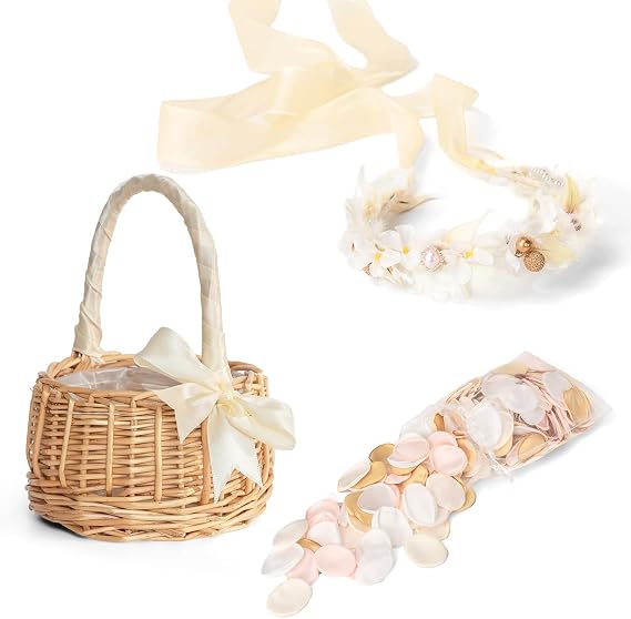 TINGE TIME Set of 3 Artificial Flowers Decoration Wedding Basket for Flower Girl with Flower Crown, Flowers Basket, 400pcs Silk Rose Petals (Champagne & Pink)