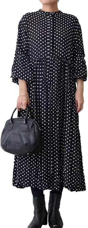 DYIOPMFGZ Women's Dot Dress, Pleated Skirt, Flared Skirt, Long Skirt, Tunic, Long Sleeve, Polka Dot Print, Crew Neck, Fashionable, Figure-Flattering, Plus Size, High Waist, Korean Style, Elegant