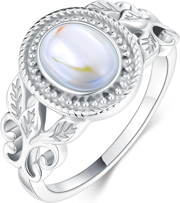 Silwan Moonstone Victorian Ring for Women, 925 Sterling Silver Rainbow Moon Stone Engagement Rings 6 * 8mm Oval Solitaire Vintage Leaf Ring Fine Jewelry Gifts for Her Mom