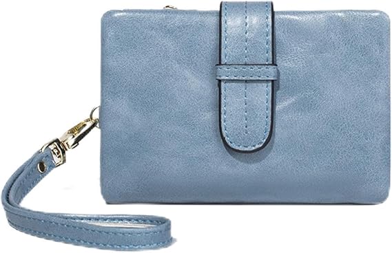 Ladies Wallet Fashion Purse PU Leather Wallet Women's Change Pouch Wristlet Bag with Wrist Strap 15 Card Slots Blue