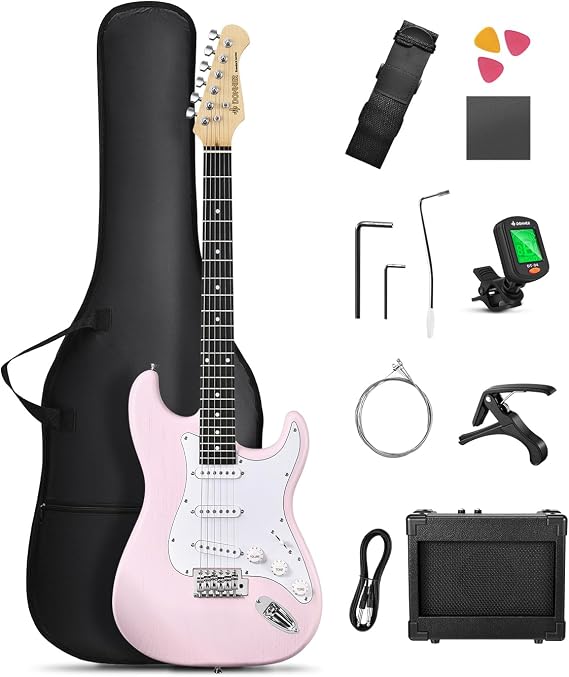 Donner DST-80P Electric Guitar Beginner Set, ST Type, SSS Pickup, 39-Inch, Full Size, Mini Amplifier Included, 9-Piece Accessory Set, Includes Exclusive Case and Tuner, Pink