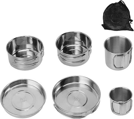 6PCS Portable Cookware Set, Outdoor Camping Cookware Set, 304 Stainless Steel Rapid Heating Multifunctional Tableware with Folding Pan Pot Cup for Hiking Backpacking