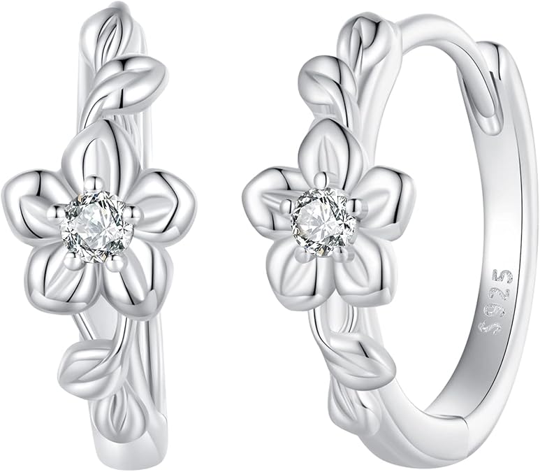 Qings Flower Split Huggie Hoop Earrings for Women, S925 Sterling Silver Hypoallergenic Small Hoop Earrings Flower Zirconia Earrings Jewelry Gifts