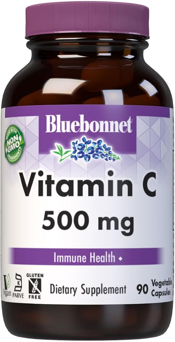 Bluebonnet Nutrition Vitamin C 500 mg Vegetable Capsules, Ascorbic Acid, for Immune Health & Skin Health, Vegan, Vegetarian, Non GMO, Gluten Free, Soy Free, Milk Free, Kosher, 90 Vegetable Capsules