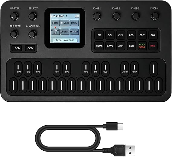 M-VAVE Portable FM Synthesizer with 6 Operators 32 Algorithms 128 Preset Tones 27 Keys Silicone Keyboard 3 Channel MIDI Built-in Speaker for Music Creation