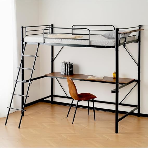 Loft Bed, Adult with Desk, Pipe Bed, Loft, Steel, Ladder Included, Single Bed, Pipe, Bed Frame with Outlet, Shockproof, Durable, Under Bed Storage, Space Saving, Height 66.9 inches 170 cm Type C: Black