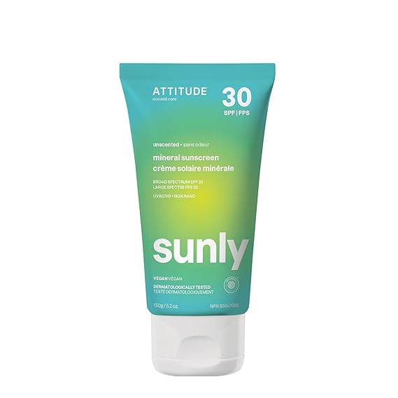ATTITUDE Mineral Sunscreen SPF 30, Zinc Oxide Broad Spectrum UVA/UVB Protection, Face & Body, Dermatologically Tested, Vegan, Unscented, 5.2 Oz