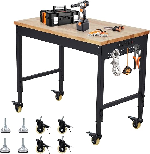 Garage Workbench with Rubber Wood Top, 4824 Inch Heavy-Duty Workbench Workstation, 2000LBS Loading Capacity, Tool Storage Table, Locking Wheels, for Workshop, Garage, DIY Projects, Black