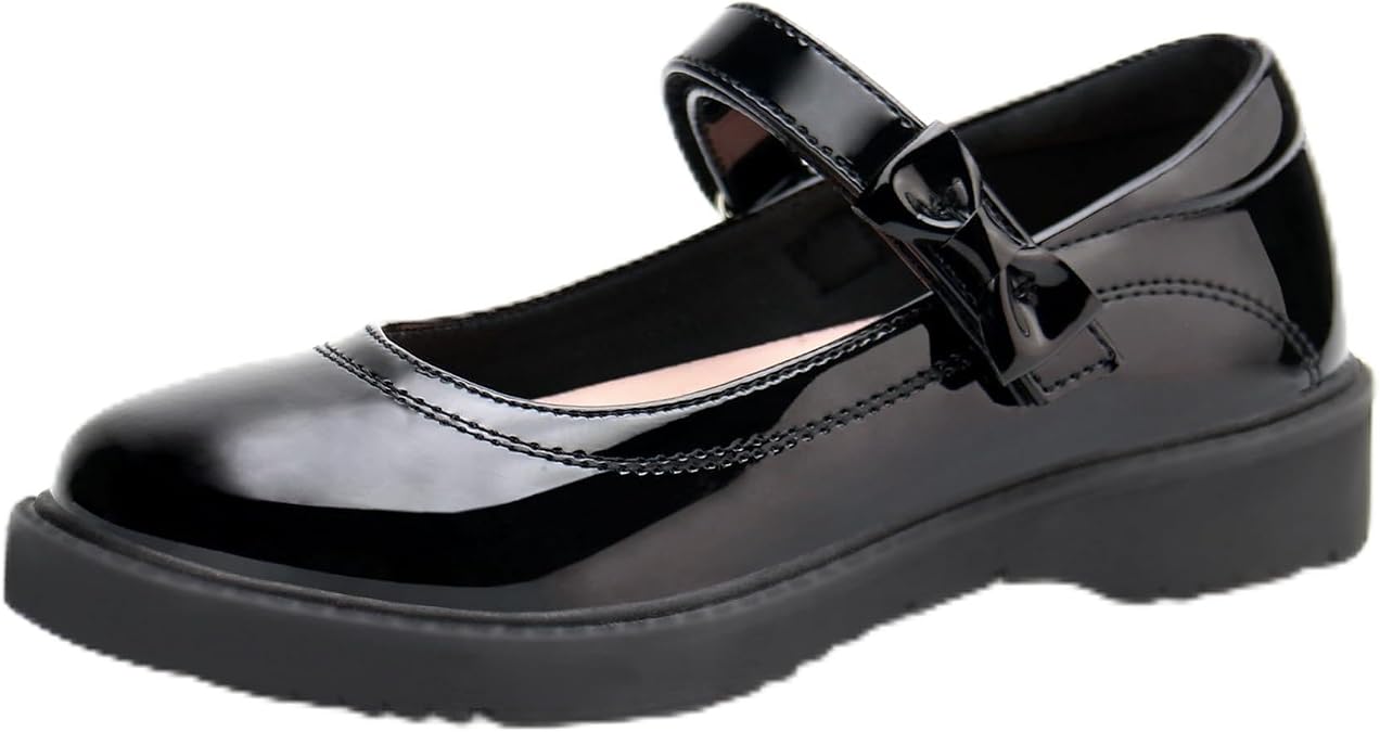 JABASIC Girls Black School Shoes Bow Oxford Mary Jane Flats