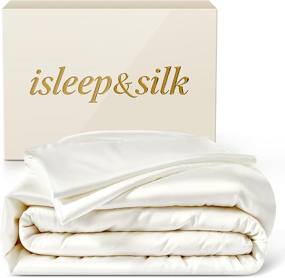Silk Comforter Set 4 Pieces, All-Season 100% Silk Filled Comforter with Detachable Duvet Cover, Moisture-Wicking, Bedding Set with Comforter Insert, Duvet Cover, 2 Pillowcases (White, King)