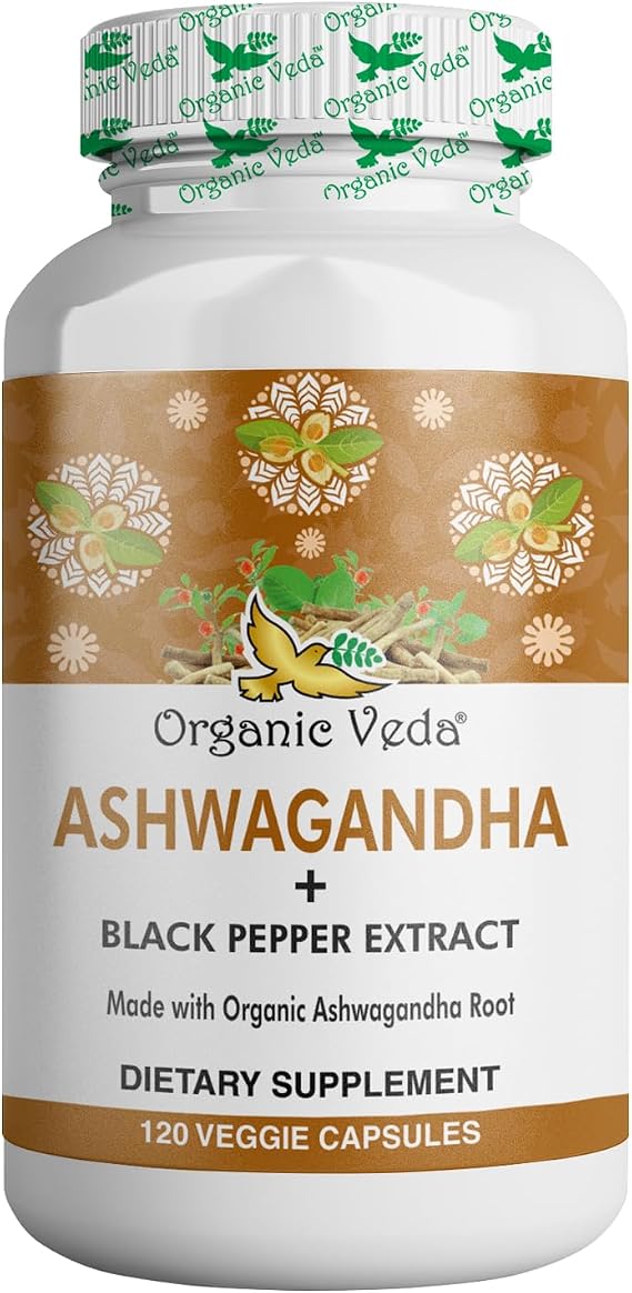 Organic Ashwagandha Capsules Full Strength with Black Pepper Extract - 120 Veg Capsules.