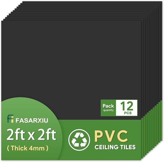 Fasarxiu 12 Pack 2ft x 2ft Black Drop Ceiling Tiles Waterproof High-Grade PVC Ceiling Tiles 2x2 Fire-Rated - Easy Drop-in Installation(48 sq.ft.)