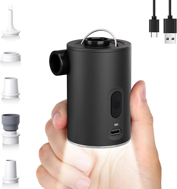 Portable Air Pump for Inflatables, Ultra-Mini Air Mattress Pump 4X with 1600mAh Battery & Camping Light, USB Rechargeable Air Pump for Swimming Rings, Pool Floats, Sleeping Pads, Vacuum Storage Bags