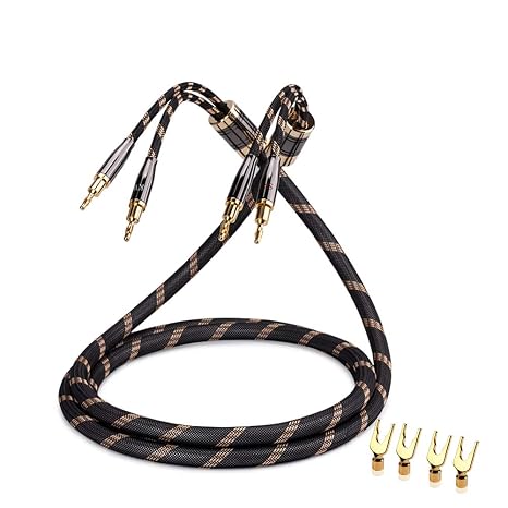 SKW Single Audiophile Speaker Cable,Convertible Banana Spade Gold Plated Connector,Nylon Braid,HiFi Quality Cable(8.2ft/2.5M,1 Cable for 1 Speaker) | 12AWG, 24K Gold-plated Convertible Plugs, 12.8mm Nylon-braid Jacket, Dual-shielded, Ultra-High Purity Copper, Amp to Speaker