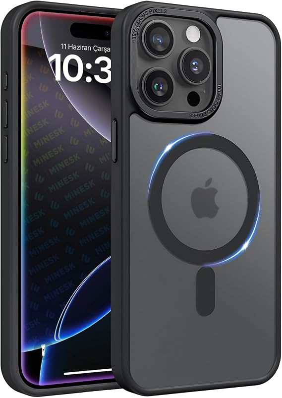 Minesk iPhone 16 Plus için Magsafe ile Uyumlu Arkası Mat Silikon Kılıf Metal Lens Çerçevelİ ve Metal Tuş Takımlı Ultra Güçlü Koruma Kılıf (Siyah, 16 Plus)