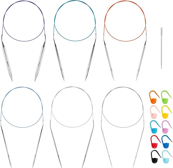 32 inch Stainless Steel Circular Knitting Needles Set for Beginners, 6 PCS US Size 0 2.5 6 8 10 13 Round Metal Knitting Needles with Magic Loop, Fixed Circle Needles for Sock, Blankets, Sweater, Scarf