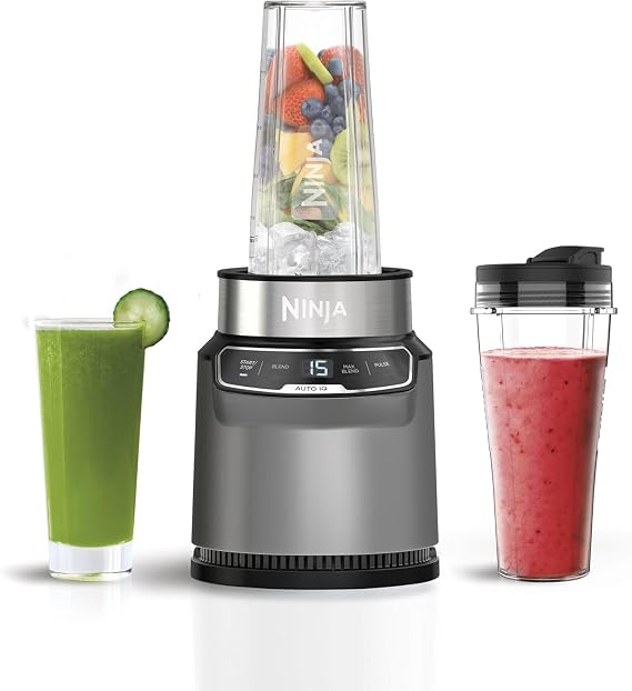Ninja BN500UK Blender with Auto-iQ Mix-In Cup One Touch Control Smoothies Milkshakes and Frozen Treats Dishwasher Safe Parts Stainless Steel Blades 1000W 2 x 700ml Cups Grey/Silver
