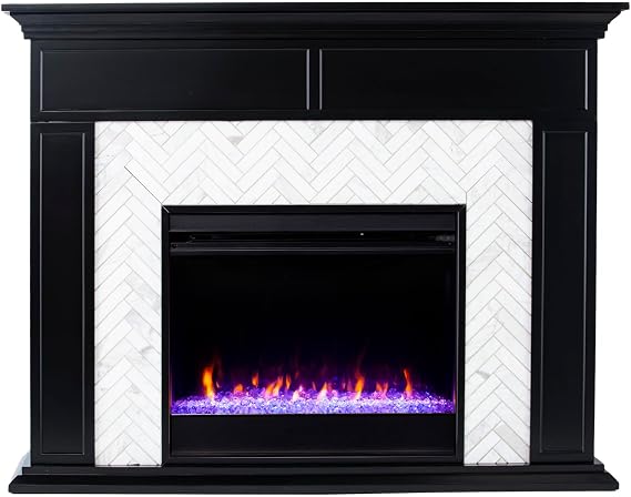 SEI Furniture - Torlington Color Changing Marble Tiled Fireplace - Black - Transitional Design, Black Marble Top - Ideal for Living Room, Family Room (FC1225559)