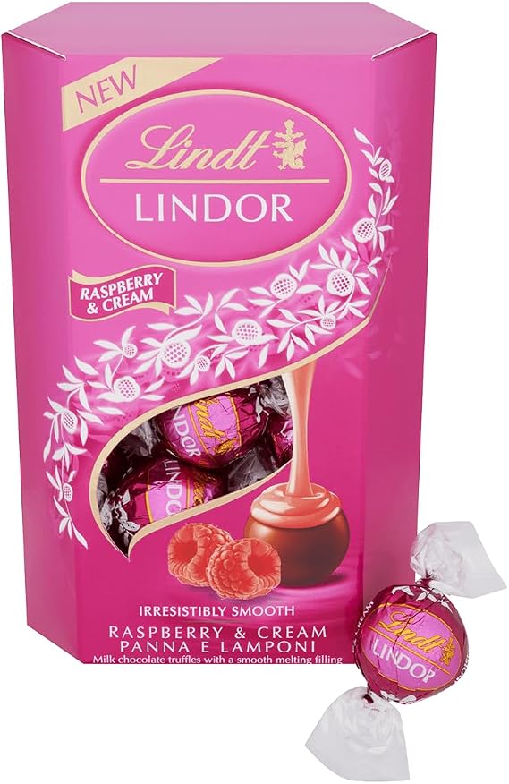 Lindt Lindor Raspberry and Cream Chocolate Truffles – 200g Box (Approx. 16 Balls) – Smooth Filling – Gift, Birthday, Congratulations Treat