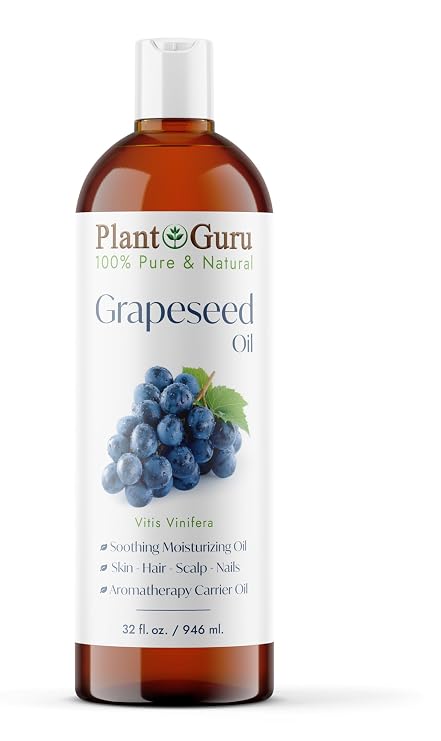 Plant Guru Grapeseed Oil 32 oz. Cold Pressed 100% Pure Natural Carrier For Skin, Body, Face, and Hair Growth Moisturizer. Great For Creams, Lotions, Lip balm and Soap Making.