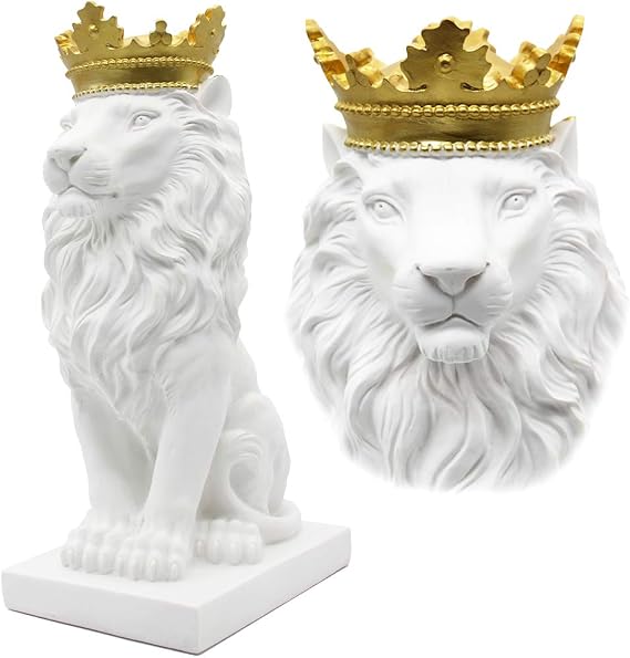 H&W Lion Statue Resin Sculptures for Men White Crown Lion Figures Art Statue Collectable Figures for Home Office Living Room Bookshelf Table Desk Housewarming Décor