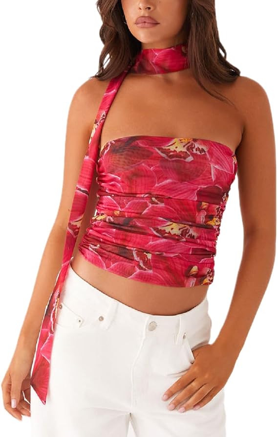 Women Leopard Tube Top Mesh Ruched Strapless Crop Top Sexy Cheetah Print Backless Bandeau Tank Top with Scarf