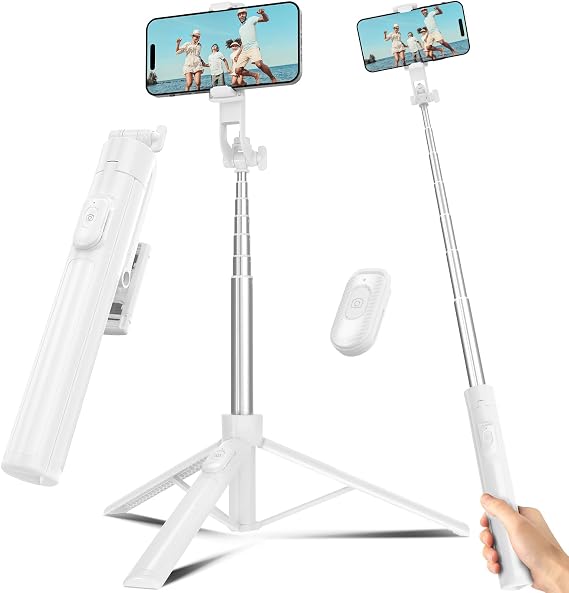 Selfie Stick Tripod for Phone with Remote Control & Holder, 63 Inch, White