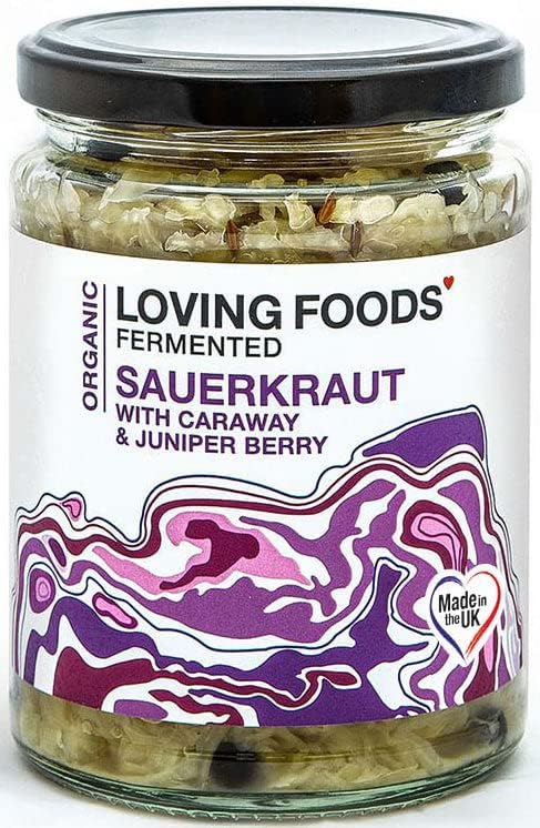 Loving Foods *Organic & Made in the UK* Caraway & Juniper Sauerkraut (475g) Raw, Unpasteurised & Bursting with Beneficial Live Bacteria (6 x Jars)