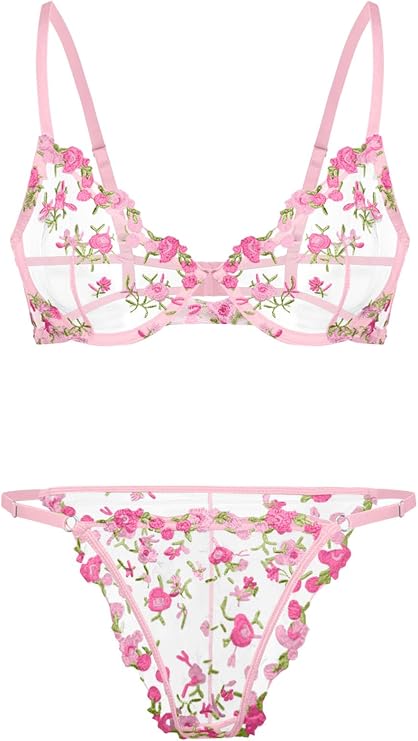 Lilosy Sexy Lingerie Set 2 Piece Women Push Up Bra and Panty 3XS-5XL | Floral Embroidered Plus Size Curvy Cute Sheer Mesh Lace See Through Bachelorette Gift Valentine's Christmas Bridal Exotic