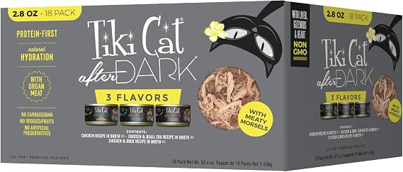 Tiki Cat After Dark Wet Cat Food for Adult Cats, Whole Foods Variety Pack, 2.8 oz. Cans (Pack of 18) | Whole Foods, Wet Cat Food, High Protein with Nutrient-Dense Organ Meat, Quail Egg, Boosts Hydration, 2.8 Oz Cans (18 Count)