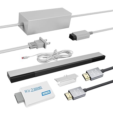 LA NREUCETS 4 in 1 Wii Sensor Bar - Wii HDMI Adapter, HDMI Converter, Wii Power Cord AC Adapter, 4.92FT High Speed HDMI Cable Compatible with Nintendo Wii Accessories