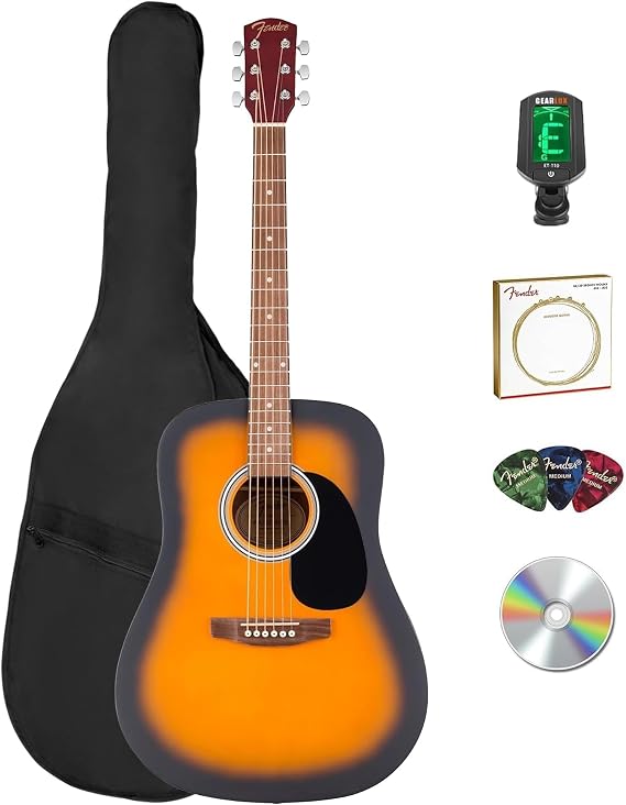 Fender FA Series Dreadnought Acoustic Guitar - 2-Color Sunburst Bundle with Gig Bag, Tuner, Strings, Picks, and Austin Bazaar Instructional DVD
