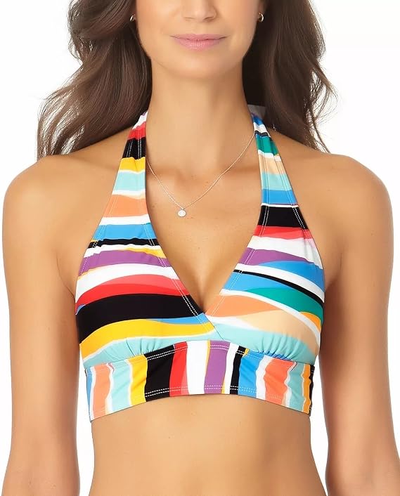 Anne Cole Signature Wavy Stripe Marilyn Halter Bikini Top, XL, Multi
