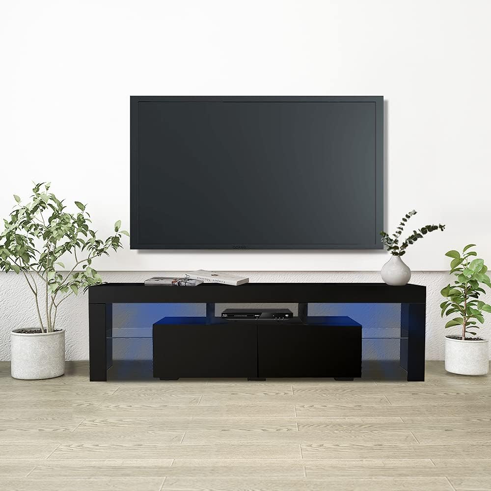 VALENTIN Black TV Stand for 70 Inch TV Entertainment Center with Storage 2 Drawers and Open Shelves LED TV Stands TV Console Table for Lounge Room Living Room Bedroom