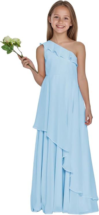 One Shoulder Junior Bridesmaid Dresses Ruffles Chiffon Flower Girl Dress for Wedding Layers Pageant Party Gowns