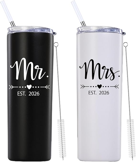 Mamihlap Mr and Mrs Est 2026 Skinny Tumbler.Newlyweds Couples Wife Bride To Be Newly Engaged Bridal Shower Gifts.Wedding Tumbler Idea for Bridal Showers Engagement.(20oz Black&White)