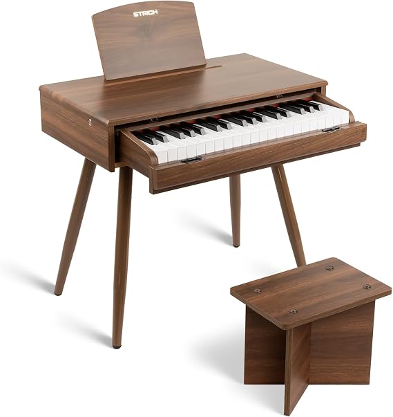 STRICH 37 Keys Kids Piano Keyboard Set, Mini Digital Piano for Kids With Stand Chair, Drawer Design Wood Piano for 3+ Girls and Boys, Walnut Color, SEK-50