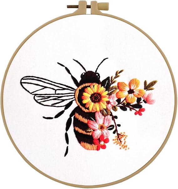 Esffaci Embroidery Starter Kit for Adult Beginner with Bee Pattern Hand Embroidery Set with Embroidery Cloth Hoop Needle Threader Embroidery Floss and Instruction