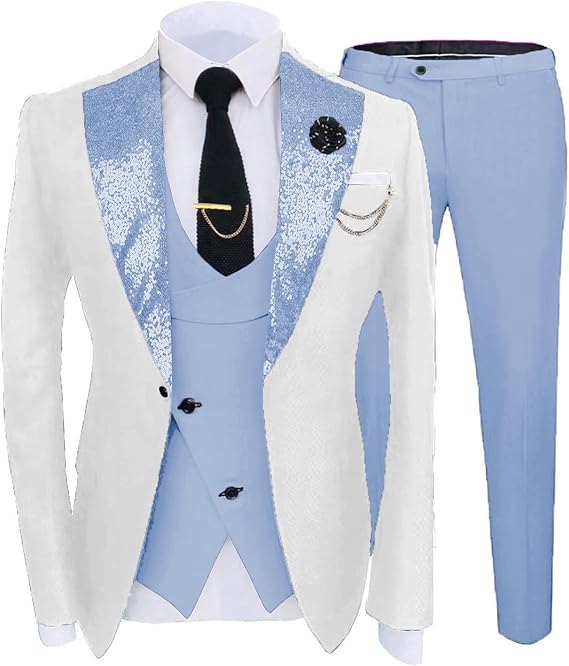 3 Piece Wedding Suit for Men Sequins Lapel Tuxedo Set Slim Fit Dress Prom Suits for Big and Tall STXZ099