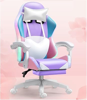 Gaming Chair, Home Office Desk Chairs, Swivel Chair Cute E-Sports Game Home Comfortable Office Chair Ergonomic Lift Swivel Chair Color : Purple-White, Size : LED, LuoY-02527