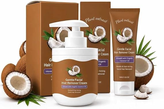 2Pcs Facial Hair Removal Cream for Women, Coconut Oil Facial Depilatory Cream Gentle Depilatory Cream for Upper Lip & Chin, Moisturizing & Soothing Facial Hair Remover Chin Hair Removal
