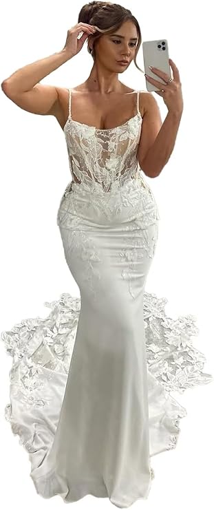 Mermaid Wedding Dresses for Bride Lace Appliques Satin Beach Bride Dress with Sleeve LW02
