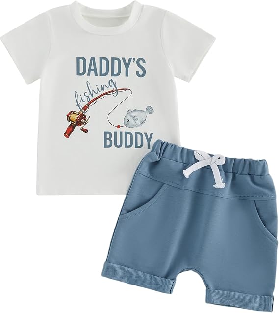 Fernvia Toddler Baby Boy Summer Clothes Short Sleeves Letters Fishing T Shirt Tops & Shorts Set 2 Piece Outfit