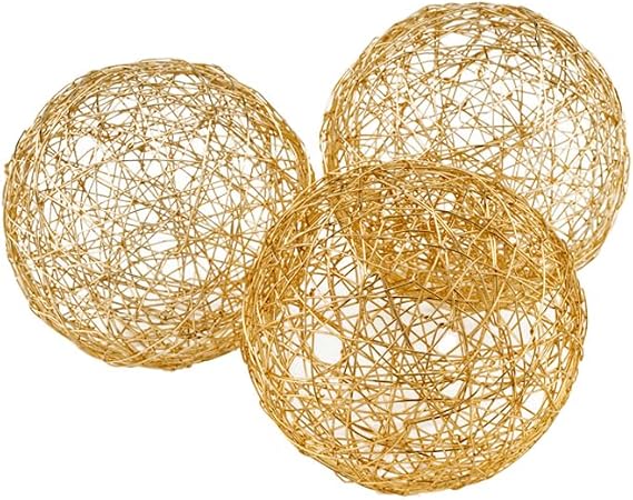Modern Day Accents 3378 Guita Gold Wire Spheres Set of 3, Decorative Balls, Orb Ball, Shelf Decor, Table Dough Bowl Filler Home, Office, Kitchen, Living Room, Room Decor Aesthetic, 4" D