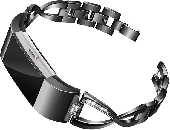 Bands Compatible with Fitbit Charge 2, Metal Bands with Rhinestone Bling Replacement Bractlet Women Silver Rose Gold Black