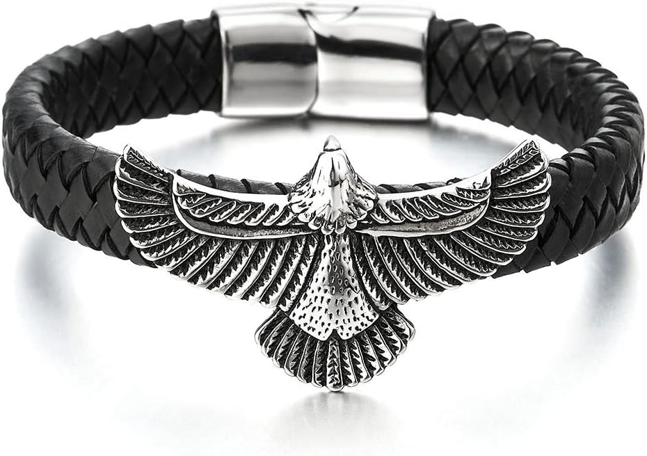 COOLSTEELANDBEYOND Rock Punk Stainless Steel Flying Eagle Bangle Bracelet Black Braided Leather Wristband for Men