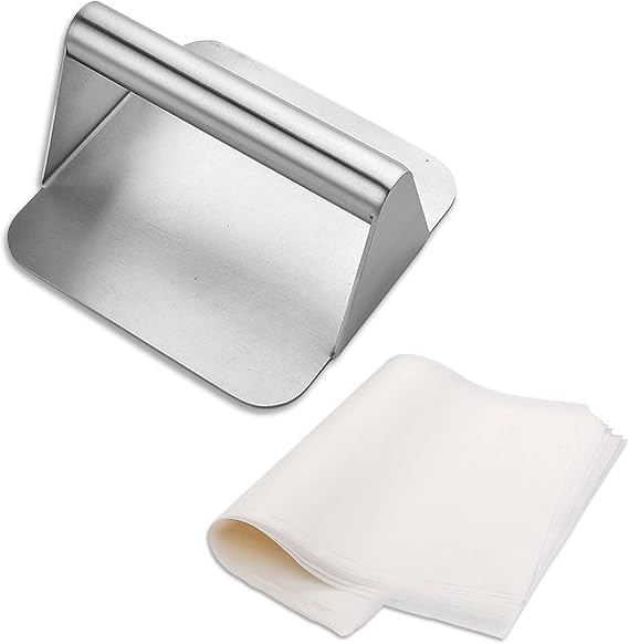 Stainless Steel Smash Burger Press for Griddle, Grill Press, Professional Griddle Accessories Kit Flat Top Grill, Free 50Pcs Parchment Paper(5.9"x7.87") (Square)