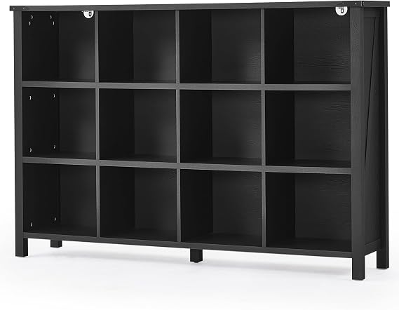 Joaxswe 12 Cube Storage Organizer, Farmhouse 62 Inch Wide Black Oak Display Bookshelf, Wooden 3 Tier Large Open Book Shelf, Vintage Bookcase for Home Office, Cubby Cabinet for Living Room, Office