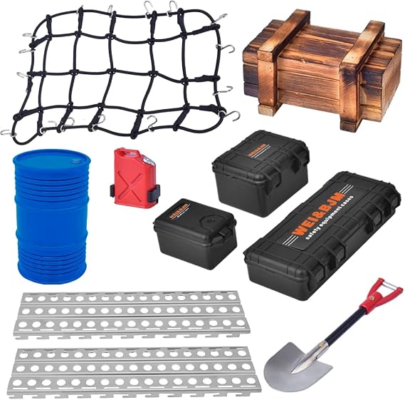 Globact 1/10 RC Crawler Accessories Luggage Net/Oil Drum/Wood Box/Fuel Tank/Recovery Board/Toolbox/Shovel for 1/10 Traxxas Trx4 Trx6 Axial SCX10 Redcat GEN 7 8 Rc4wd (Blue)