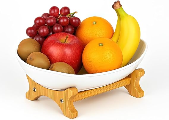 Fruit Bowl With Bamboo Wood Stand, Fruit&Vegetable Candy Dish Decor Basket for Kitchen Counter,Large Capacity Vegetable Storage Stand Snacks Rack Tray Plate Rack